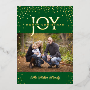 JOY Gold Confetti on Green Merry Christmas Photo Foil Holiday Card
