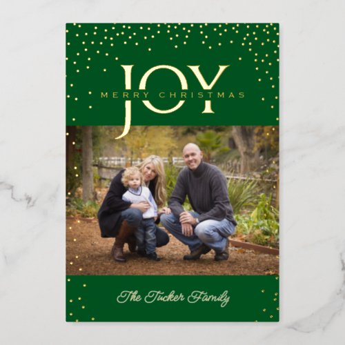 JOY Gold Confetti on Green Merry Christmas Photo Foil Holiday Card