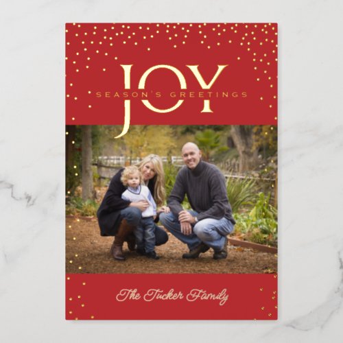 JOY Gold Confetti Red Seasons Greetings 2_Photo Foil Holiday Card