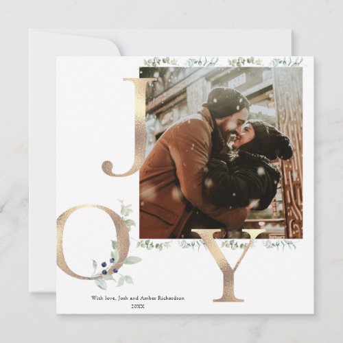 Joy gold dusty blue greenery Christmas photo card