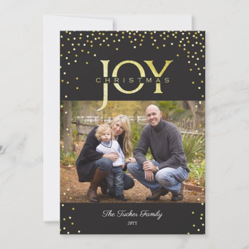 JOY Gold Foil Confetti Black Christmas Photo Card