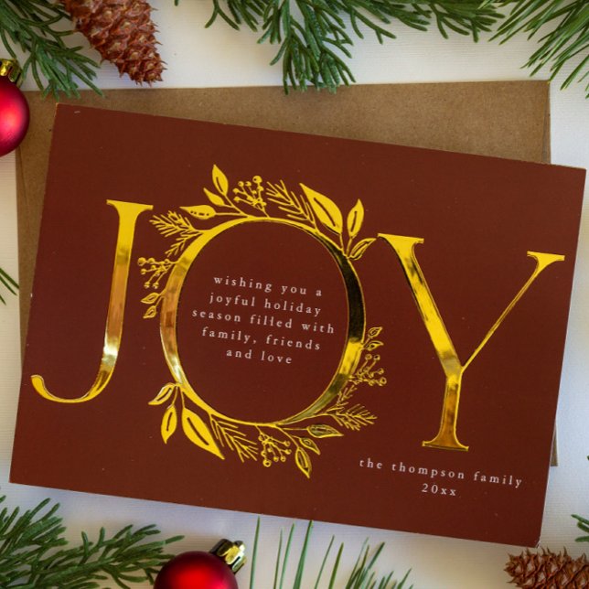 Joy Gold Foil Foliage Berry Wreath Photo Holiday Card (Creator Uploaded)