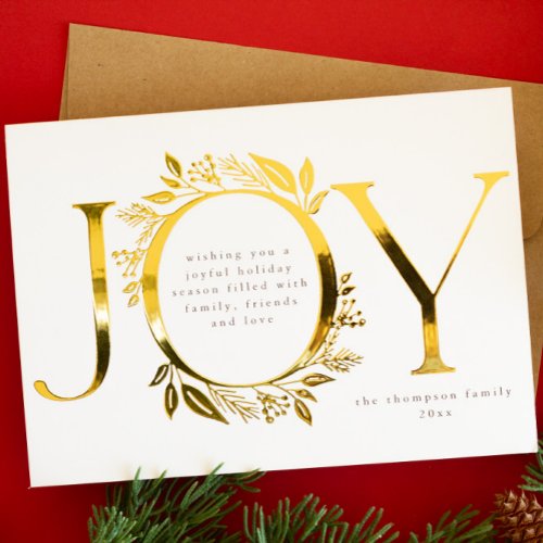 Joy Gold Foil Foliage Berry Wreath Photo White Foil Holiday Card