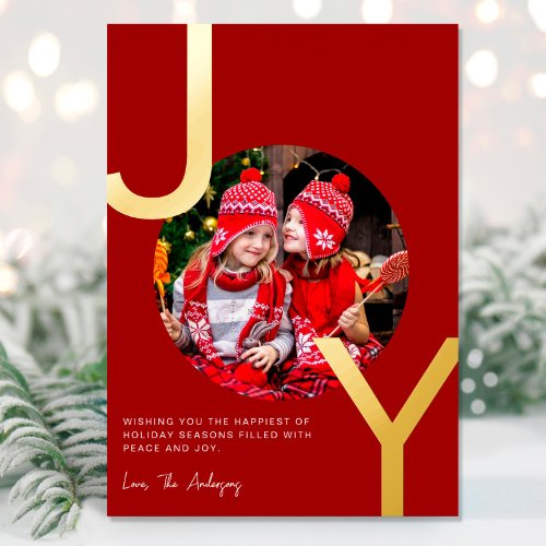 Joy Gold foil red elegant minimalist Christmas Foil Holiday Card