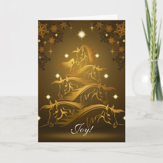 Joy! Gold Horses Christmas Tree Holiday Card (Front)