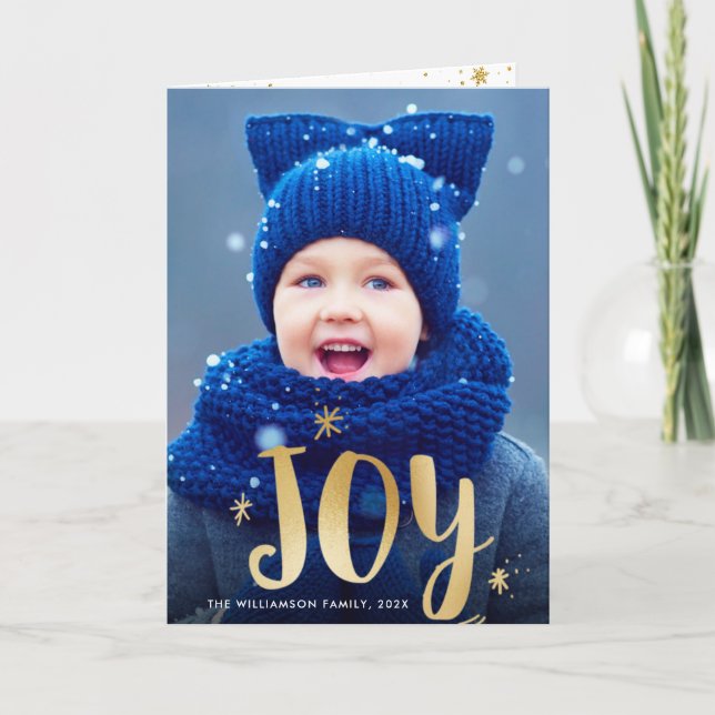 JOY | gold script overlay christmas photo card (Front)
