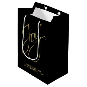 Joy! Gold  Script Typography Minimal Black Holiday Medium Gift Bag