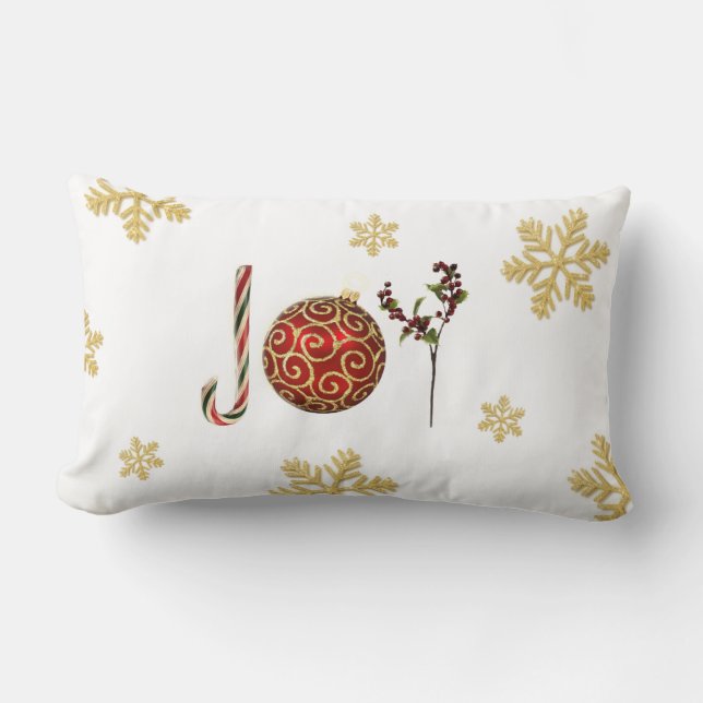 Joy gold snow flakes and word art lumbar pillow (Front)