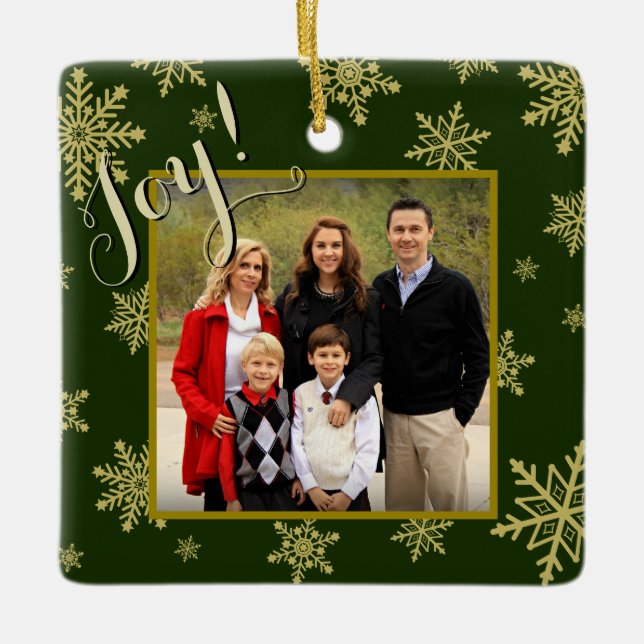 Joy! Gold Snowflakes Hunter Green Holiday Photo Ceramic Ornament (Front)