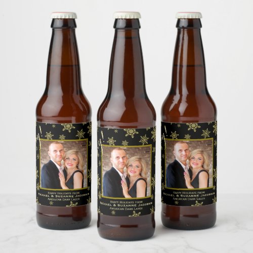 Joy Gold Snowflakes with Photo Festive Holiday Beer Bottle Label