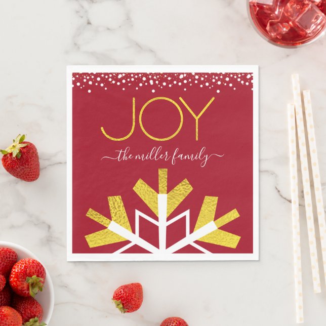 Joy Gold Typography Red Modern Holiday Snowflake Napkins (Insitu)