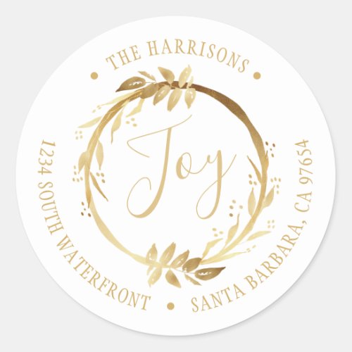 Joy Gold White Wreath Family Return Address Classic Round Sticker
