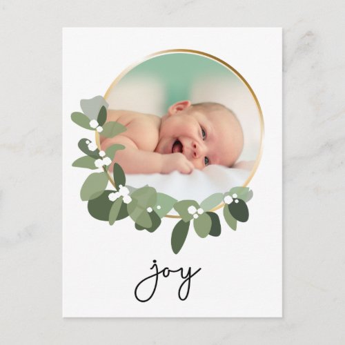 Joy Gold Wreath Baby Photo Christmas Postcard