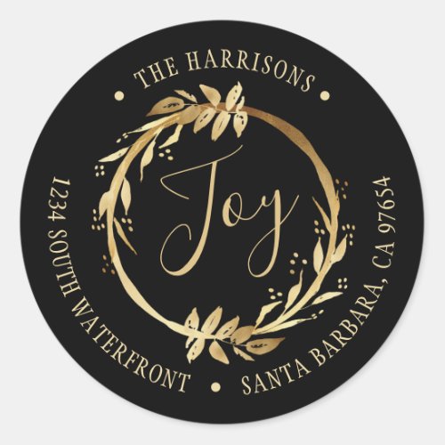 Joy Gold Wreath Black Family Return Address Classic Round Sticker