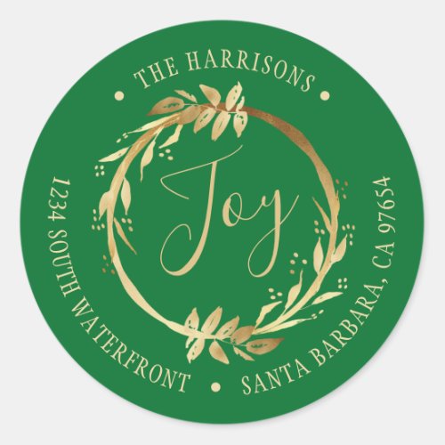 Joy Gold Wreath Green Family Return Address Classic Round Sticker