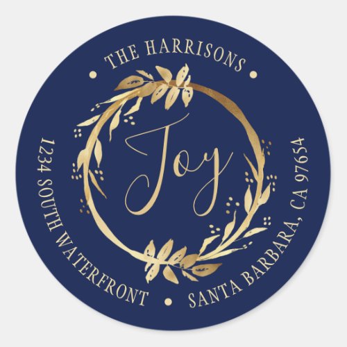 Joy Gold Wreath Navy Blue Family Return Address Classic Round Sticker