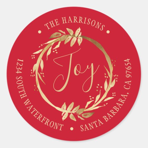 Joy Gold Wreath Red Family Return Address Classic Round Sticker