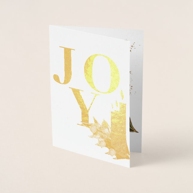 Joy Golden Candles Holly Berries Christmas Foil Card (Front)