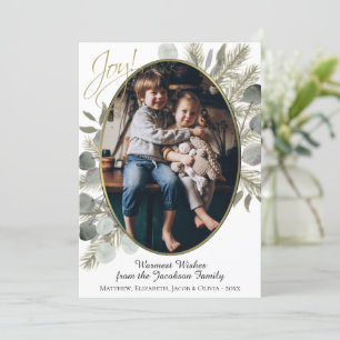 Joy! Golden Pine & Eucalyptus Watercolor Photo Holiday Card