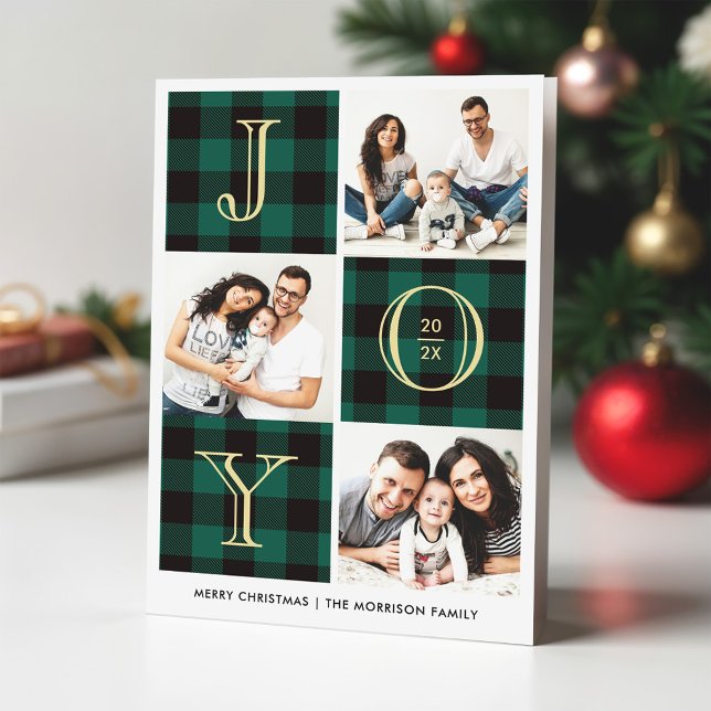 JOY | Green Buffalo Plaid Photo Collage Holiday Card (Creator Uploaded)