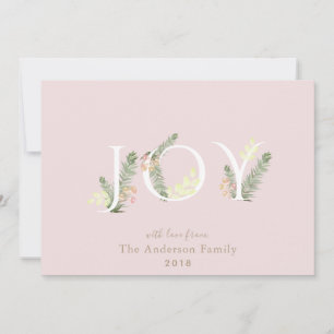 JOY Green Floliage Blush Pink Christmas Card