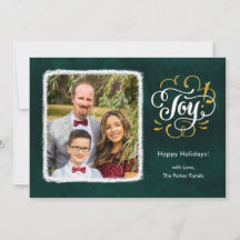 JOY Green Gold Script Minimalist Photo Christmas