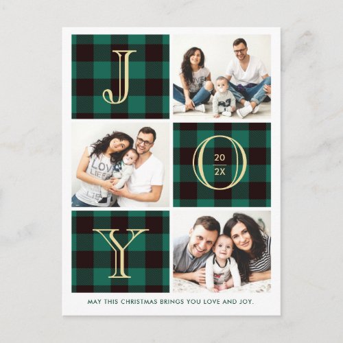 JOY | Green Plaid Photo Collage Christmas Holiday Postcard