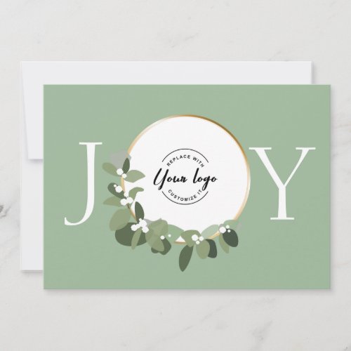 Joy Green White Gold Wreath Modern Custom Logo Holiday Card