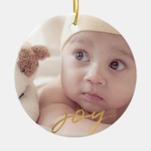 Joy Hand Lettered Gold 2 sided Photo Holiday Ceramic Ornament