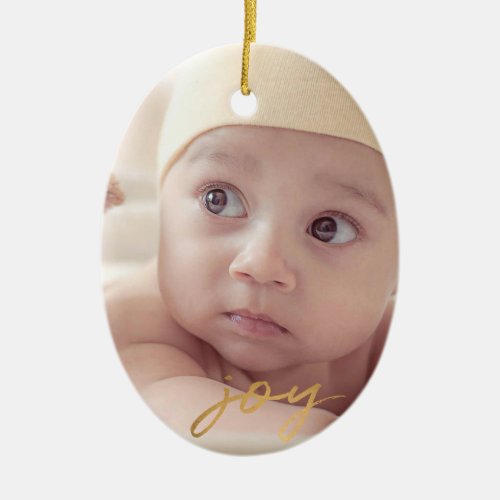 Joy Hand Lettered Gold 2 sided Photo Holiday Ceramic Ornament