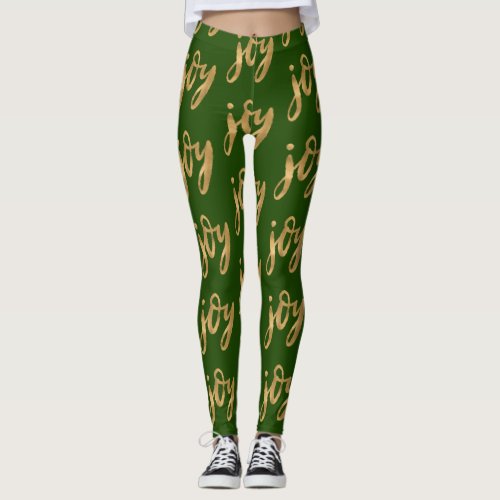 Joy Hand Lettered Script Gold Christmas Holiday Leggings