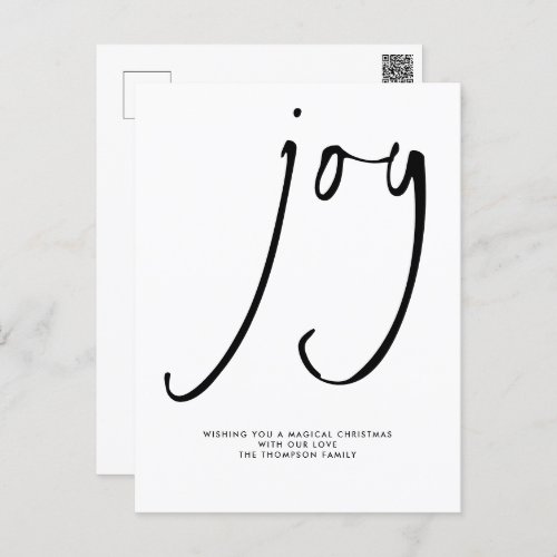 Joy Handwriting Script Black White Name Christmas Postcard