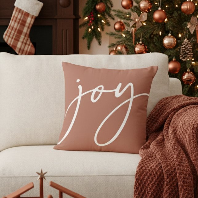 Joy Handwritten Script Terracotta Holiday Throw Pillow (Creator Uploaded)