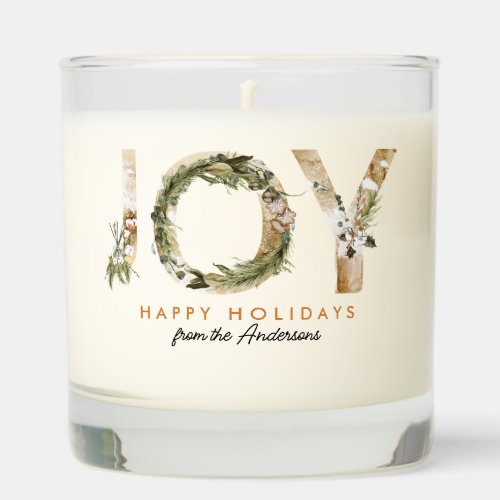 JOY Happy Holidays Watercolor Personalized Scented Candle