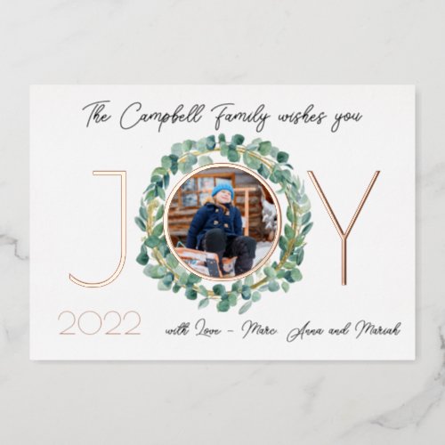 JOY Holiday Card Foil w Photo  Eucalyptus Wreath