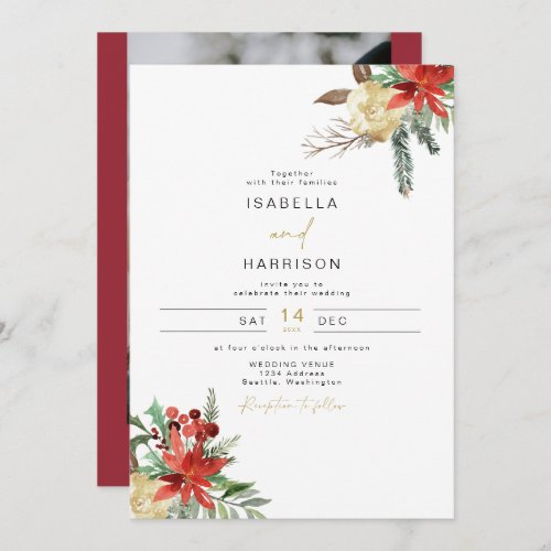 JOY Holiday Poinsettia Winter Red Floral Wedding Invitation