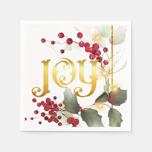 JOY Holiday Pointesettias Holly Berries  Napkins (Front)
