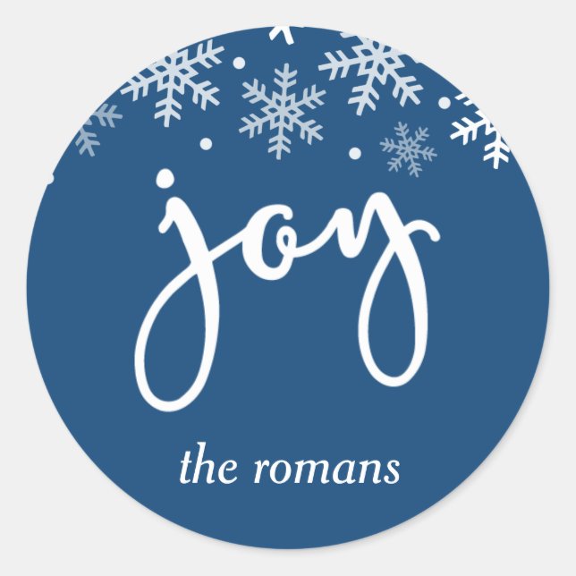 Joy Holiday Snowflake Navy Blue Personalized Classic Round Sticker (Front)