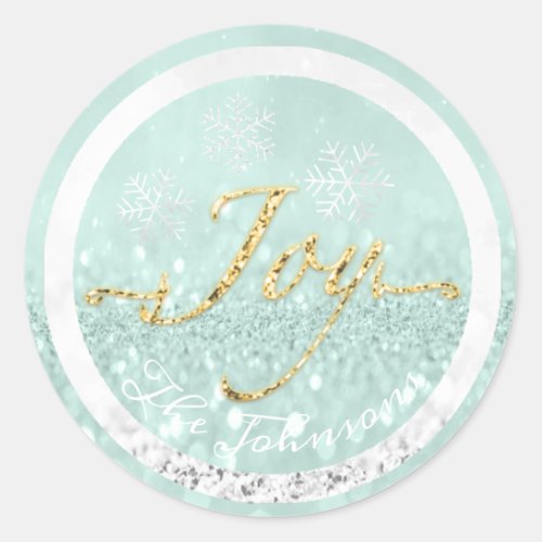 Joy Holidays Name Snowflakes Blue Gold Mint Gray Classic Round Sticker