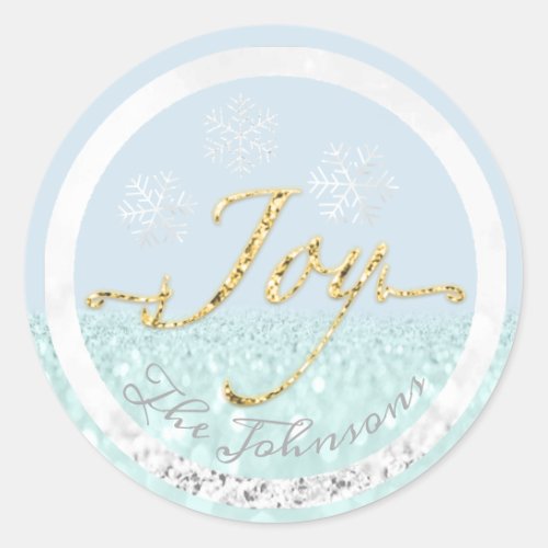 Joy Holidays Name Snowflakes Frame Gold Blue Gray Classic Round Sticker
