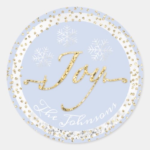 Joy Holidays Name Snowflakes Gold Blue Glitter Classic Round Sticker