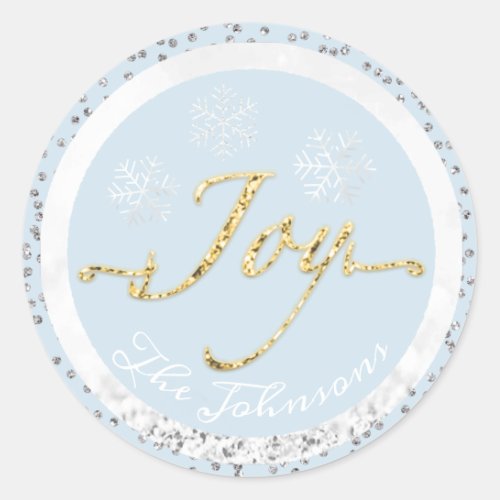 Joy Holidays Name Snowflakes Gold Blue Gray Classic Round Sticker