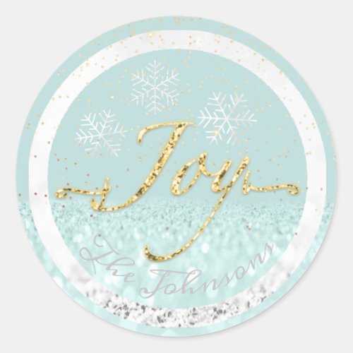 Joy Holidays Name Snowflakes Gold Confetti Classic Round Sticker