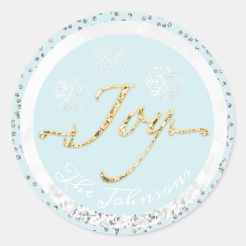 Joy Holidays Name Snowflakes Gold Gray Classic Round Sticker