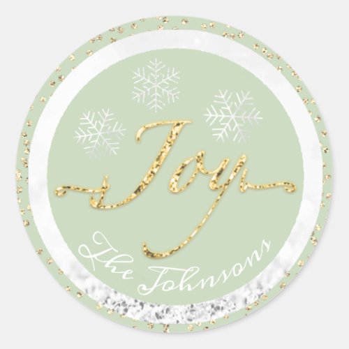 Joy Holidays Name Snowflakes Gold Mint Gray Classic Round Sticker