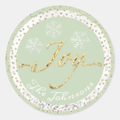 Joy Holidays Name Snowflakes Gold Mint Gray Classic Round Sticker