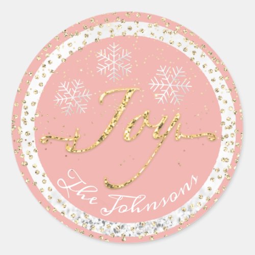 Joy Holidays Name Snowflakes Gold Peach Glitter Classic Round Sticker