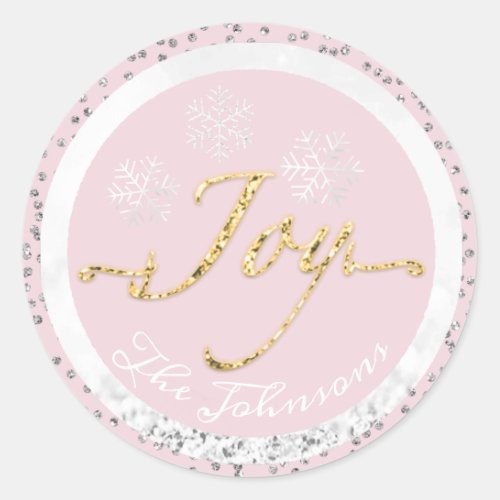 Joy Holidays Name Snowflakes Gold Pink Gray Classic Round Sticker