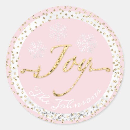 Joy Holidays Name Snowflakes Gold Pink Gray Classic Round Sticker