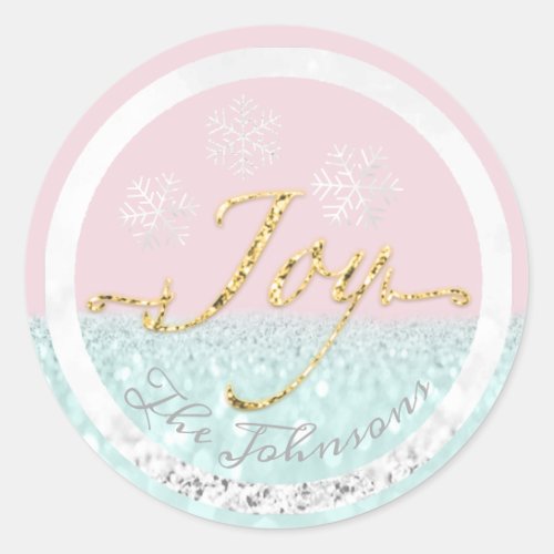 Joy Holidays Name Snowflakes Gold Pink Wow Classic Round Sticker